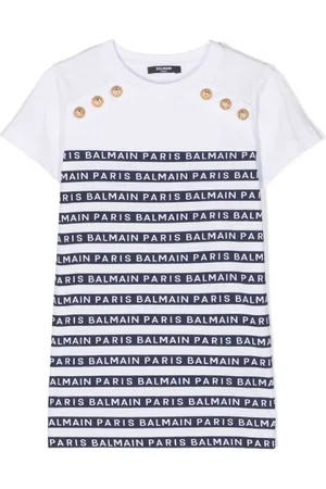 Balmain Girls Button-Embellished Stripe T-Shirt Dress, Size 14Y