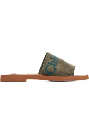 Chloé Woody Logo Flat Mules in Sweet Khaki, Brand Size 35 ( US Size 5 )