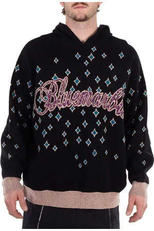 Bluemarble Mens Black Rhinestone-Embellished Jacquard Jumper, Size Medium