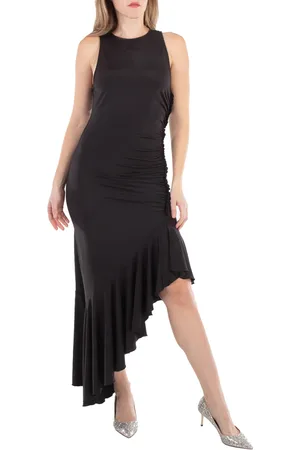 ROTATE Ladies Black Gathered Asymmetric Midi Dress, Brand Size 38 (US Size 4)
