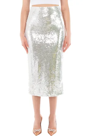 ROTATE Ladies Bright White Sequined Midi Pencil Skirt, Brand Size 38 (US Size 4)