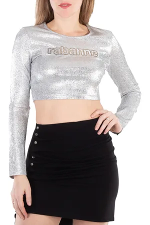 Paco rabanne Ladies Grey Long-Sleeved Crop Top, Brand Size 34 (US Size 2)
