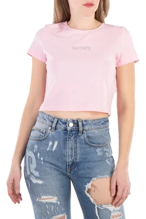 ROTATE Logo-Print Crystal-Embellished Crop Top, Brand Size 40 ( US Size 6 )