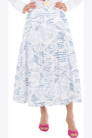 Kenzo Dark Blue Wave Mermaid Print A-Line Skirt, Brand Size 38 (US Size 6)