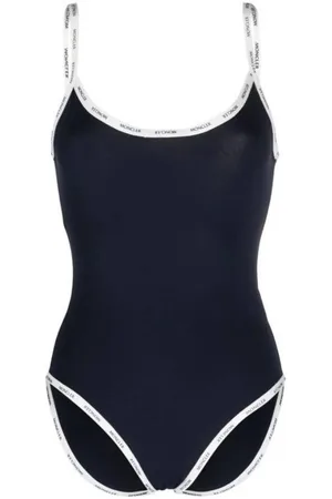 Moncler Navy Blue Logo-Tape Scoop-Back Swimsuit, Size Small