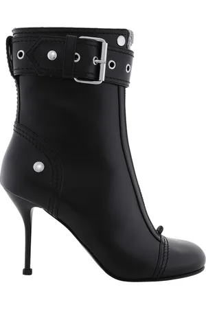 Alexander McQueen Black Buckle-Detail Heeled Ankle Boots, Brand Size 35 ( US Size 5 )