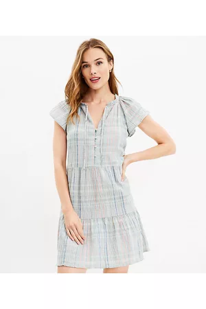 LOFT Women Casual Dresses - Plaid Tie Neck Tiered Swing Dress