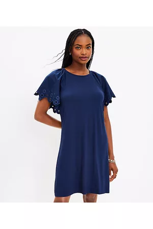 LOFT Women Shift Dresses - Eyelet Flutter Sleeve Mixed Media Shift Dress
