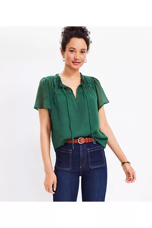 LOFT Women Ruched Tops - Petite Clip Ruched Ruffle Tie Neck Top