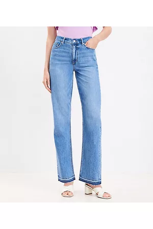 LOFT Women High Waisted Jeans - Petite Let Down Hem High Rise Full Length Straight Jeans in Destructed Mid Stone Wash