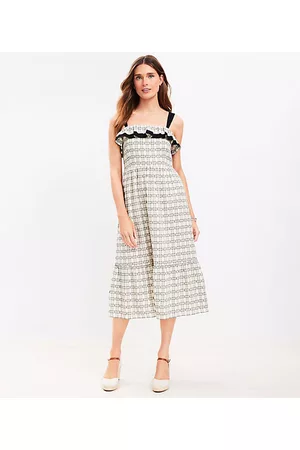 LOFT Women Midi Dresses - Petite Plaid Ruffle Square Neck Midi Dress