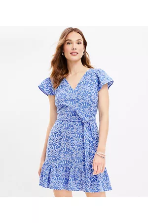 LOFT Women Trapeze & Swing Dresses - Petite Eyelet Belted Flutter Sleeve Swing Dress