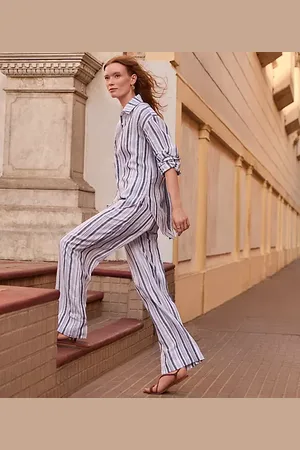 LOFT Pull On Wide Leg Pants in Striped Linen