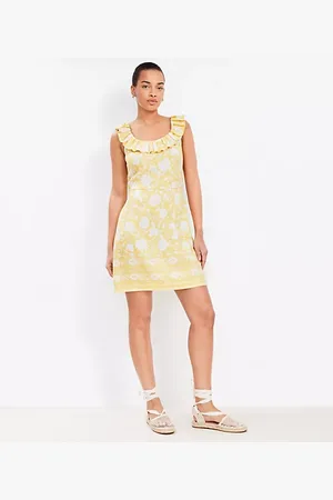LOFT Floral Linen Blend Ruffle Neck Mini Dress