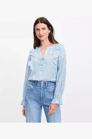 LOFT Petite Floral Lace Up Ruffle Blouse