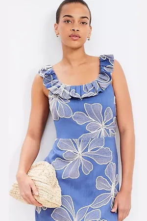 LOFT Petite Floral Embroidered Ruffle Neck Mini Dress