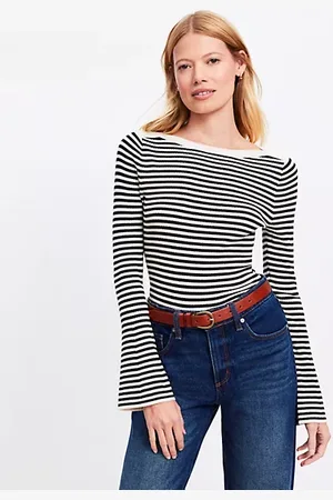 LOFT Striped Boatneck Flare Sleeve Sweater