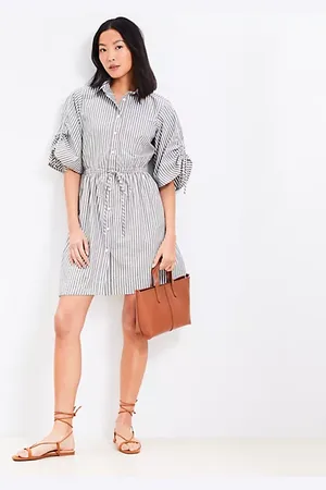 LOFT Striped Poplin Tie Sleeve Mini Pocket Shirtdress