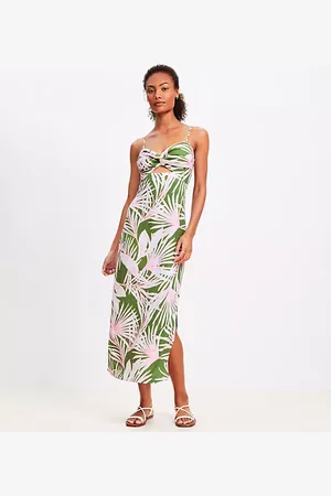 LOFT Beach Island Frond Linen Blend Cutout Twist Midi Dress