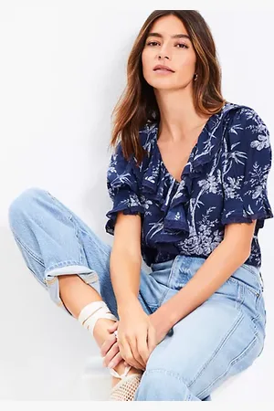 LOFT Palm Lace Trim Ruffle Blouse
