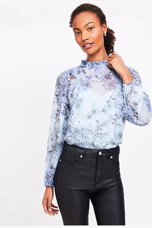 LOFT Petite Floral Clip Ruffle Neck Blouse
