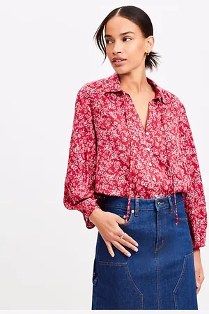 LOFT Petite Floral Seamed Sleeve Tie Neck Blouse