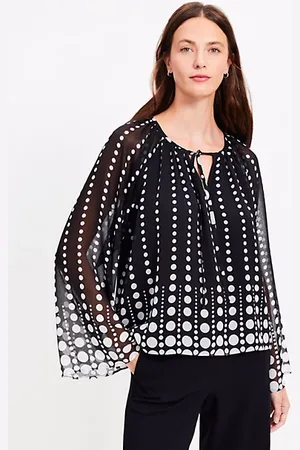 LOFT Petite Dotted Flare Sleeve Tie Neck Blouse