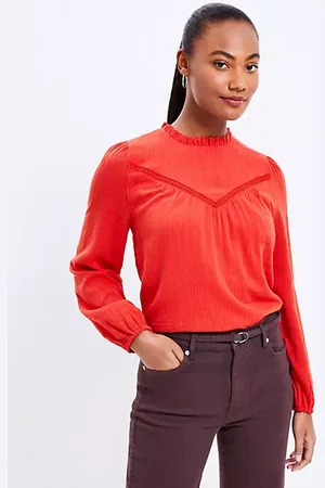 LOFT Textured Trimmed Ruffle Neck Blouse