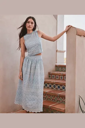 LOFT Petite Floral Embroidered Scalloped Maxi Skirt