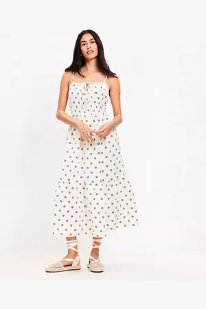 LOFT Petite Dotted Tie Linen Blend Strappy Midi Dress