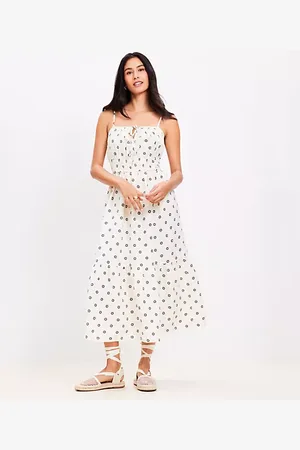 LOFT Dotted Tie Linen Blend Strappy Midi Dress