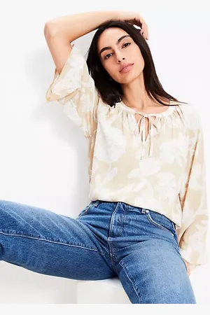 LOFT Petite Floral Tie Neck Flare Sleeve Blouse
