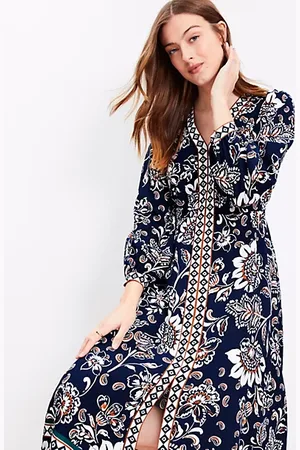 LOFT Border Floral V-Neck Midi Dress