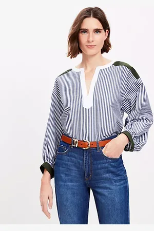LOFT Petite Colorblock Striped Poplin Split Neck Blouse