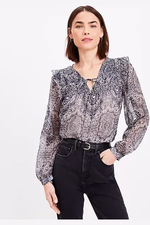 LOFT Ornamental Floral Shirred Tie Neck Blouse