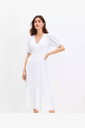LOFT Textured Balloon Sleeve Flounce Midi Dress