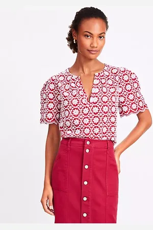 LOFT Petite Floral Embroidered Scalloped Blouse