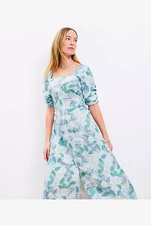 LOFT Gardenia Shirred Linen Blend Button Midi Dress