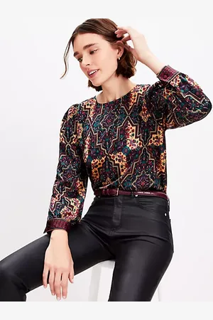 LOFT Geo Border Satin Puff Sleeve Blouse