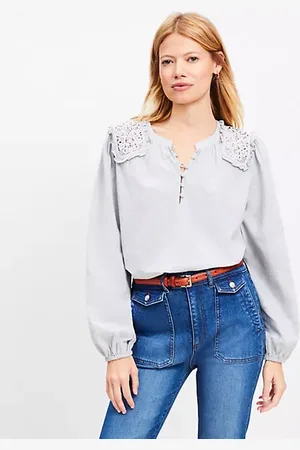 LOFT Lace Shoulder Henley Blouse