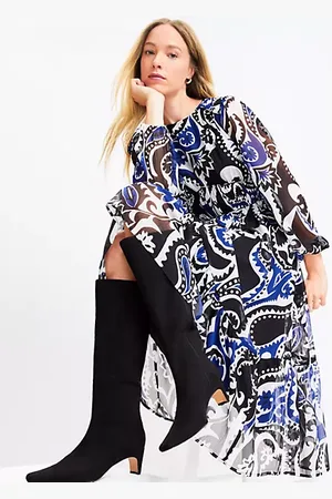 LOFT Paisley Shirred Flounce Midi Dress