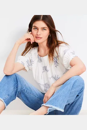 LOFT Petite Leafed Smocked Yoke Bubble Sleeve Blouse