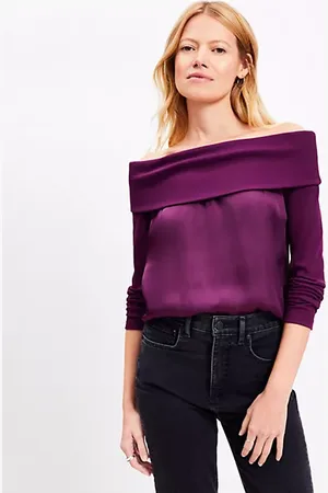 LOFT Petite Charmeuse Off The Shoulder Mixed Media Top