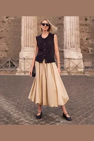 LOFT Poplin Ruched Bubble Midi Skirt