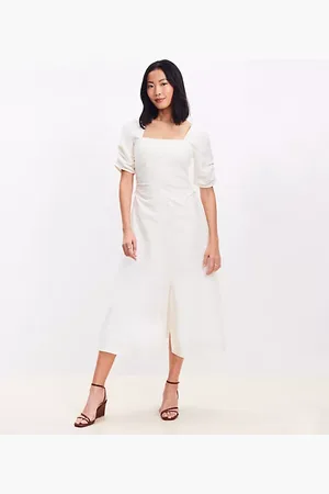 LOFT Shirred Linen Blend Button Midi Dress