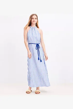 LOFT Striped Linen Blend Belted Halter Maxi Dress