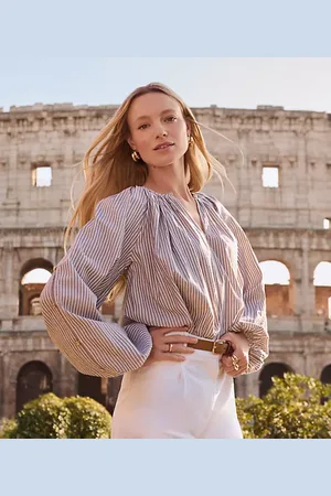 LOFT Petite Shimmer Striped Button Sleeve Blouse