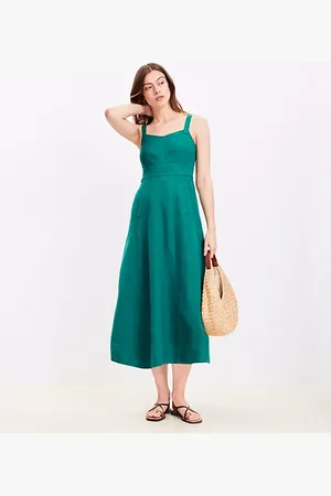 LOFT Linen Blend Seamed Midi Pocket Dress