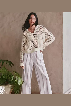 LOFT Lou & Grey Striped Linen Cotton Wide Leg Crop Pants