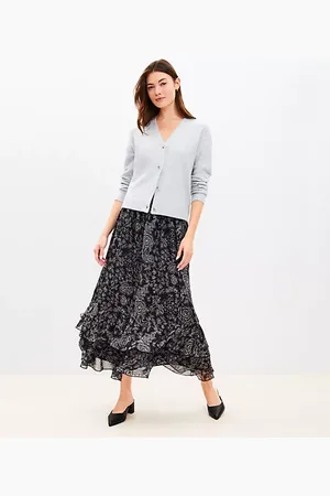 LOFT Metallic Striped Floral Ruffle Smocked Maxi Skirt